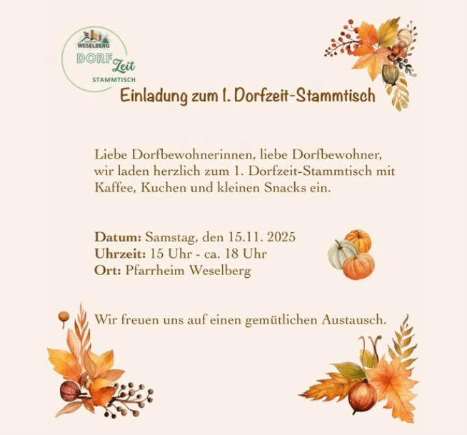 Einladung zum 1. Weselberger Dorfzeit-Stammtisch