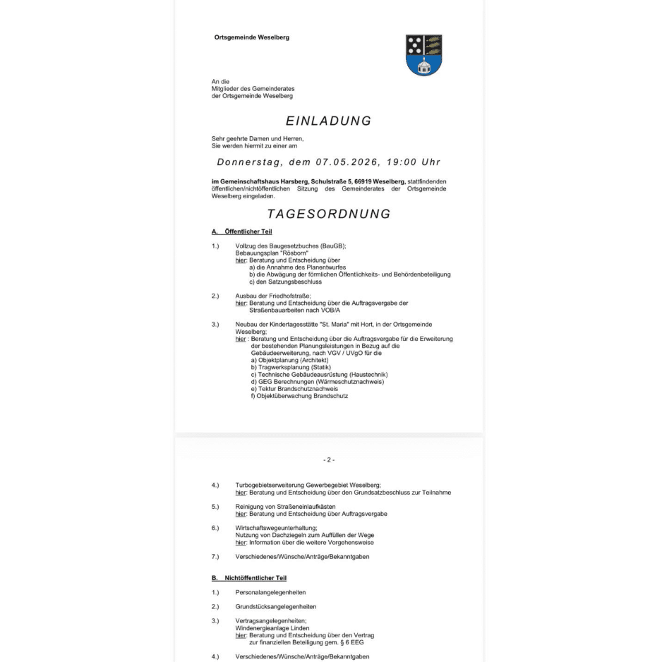 Einladung Sitzung Gemeinderat Mai 2026